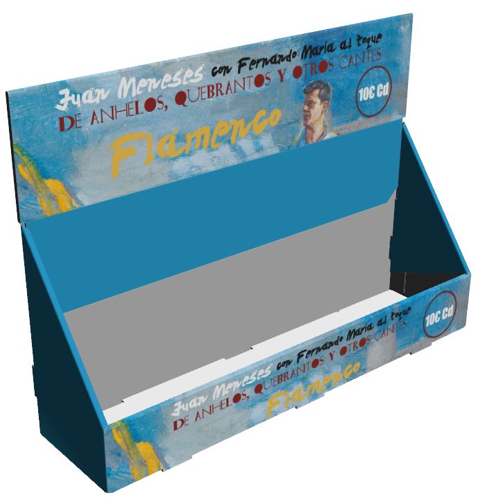 Cardboard display for CDs. This display also serves as a sales and transportation unit. It can contain twenty CDs, two front by 10 deep.